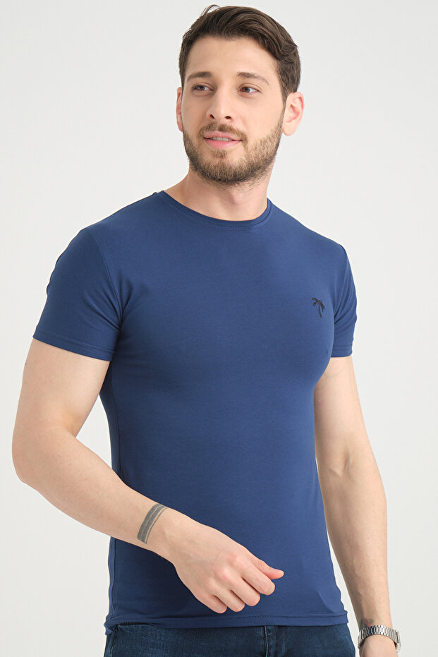 Men's Night Blue Crew Neck Cotton Short Sleeve T-shirt