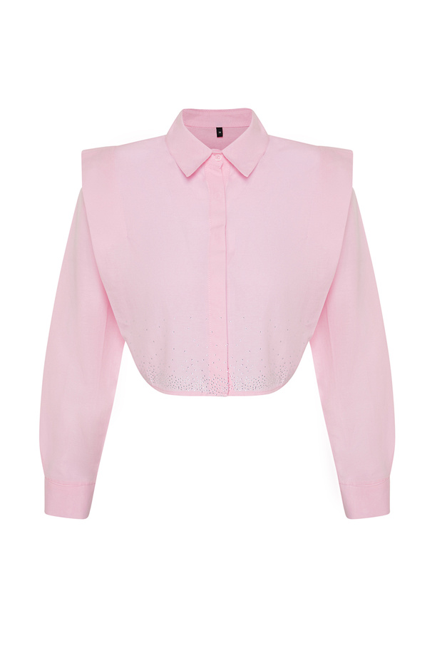 Pembe Kolları Vatkalı Taşlı Crop Dokuma Gömlek TWOSS24GO00041 - 7