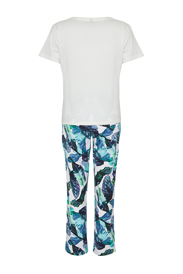 Kolorowy biały kwiatowy wzór bawełniany komplet piżamowy - THMSS24PT00322 - 8