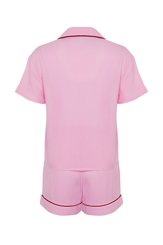 Pembe Biye Detaylı Viskon Şortlu Dokuma Pijama Takımı THMSS24PT00051 - 8