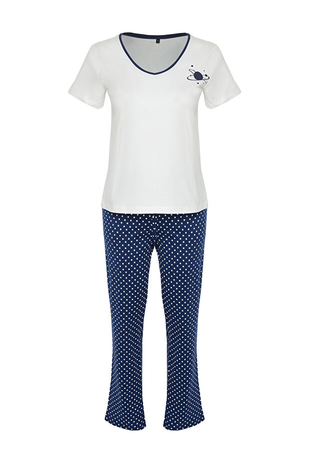Beyaz-Çok Renkli Pamuklu Puantiyeli Örme Pijama Takımı THMSS24PT00323 - 7