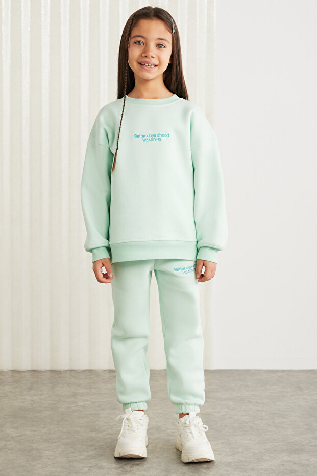 GIGI-GRM24049 75% cotton 25% polyester girl's embroidery sweat jogger set Mint Green Bottom-Top Set