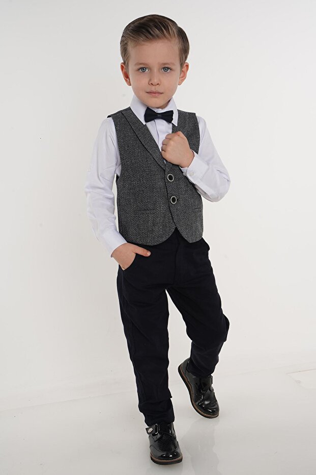 بدلة سهرة للأولاد باللون الرمادي ذات الزرين - 5