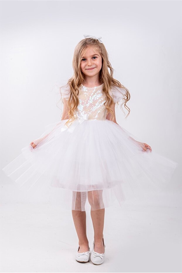 Beyaz Pullu Kız Çocuk Parti Elbisesi - 3