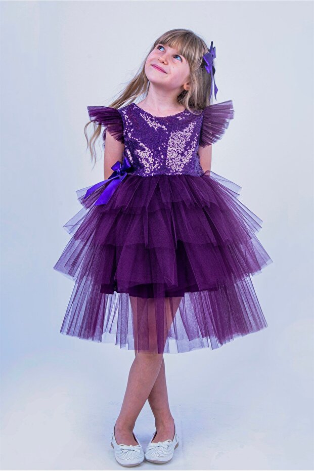 Mor Pullu Kız Çocuk Parti Elbisesi - 1