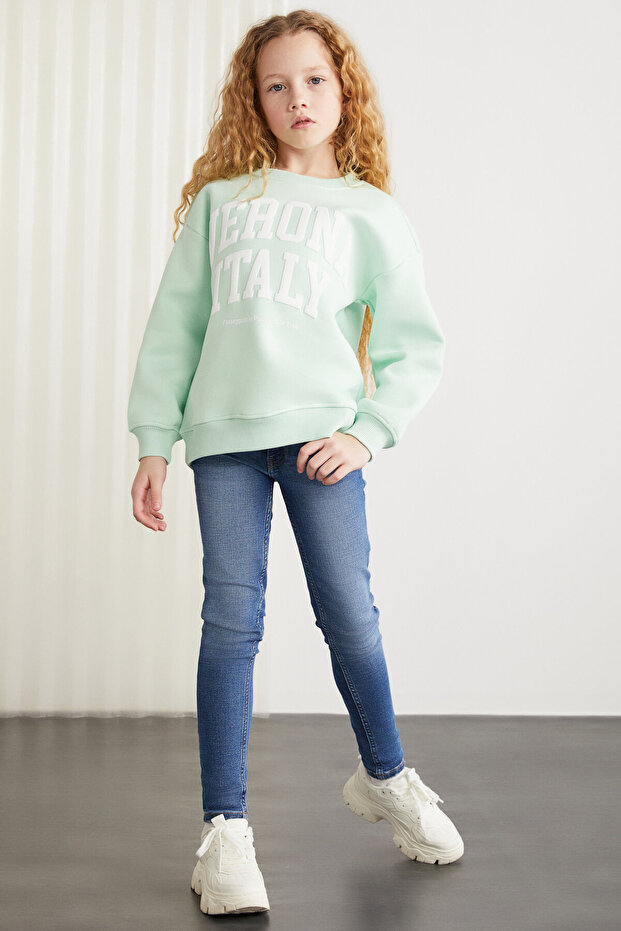 Hermia Girl's Knitted Crew Neck Long Sleeve Mint Green Sweatshirt