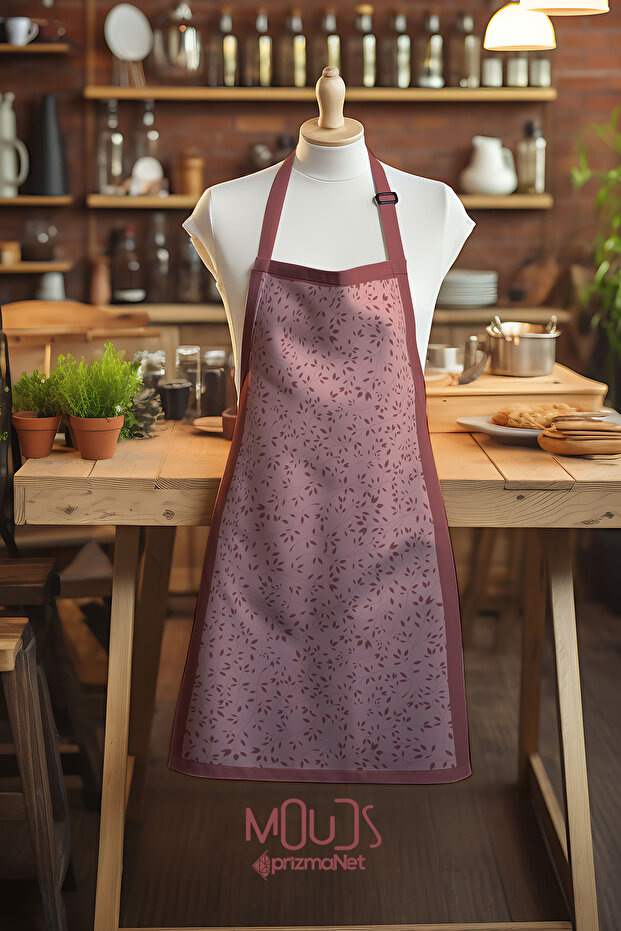 Suede Fabric Burgundy Tree Branches Patterned Kitchen Apron, Cook Apron, Waiter Apron, Restaurant Apron