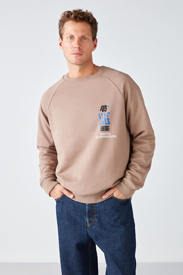 Expressed Men's Raglan Sleeve Embroidery And Printed Soft Fabric Round Collar Mink Sweatshirt
