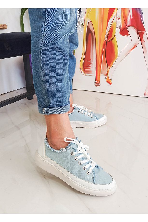 Mavi Renk Bağcıklı Düz Taban Kadın Kot Sneakers - 3