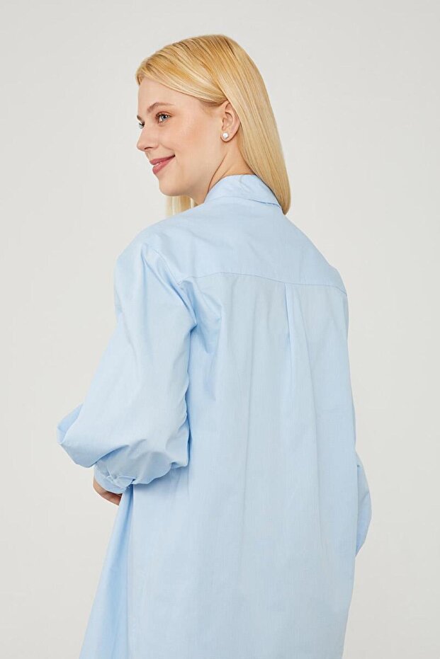 Mavi Oversize Balon Kol Poplin Gömlek - 6
