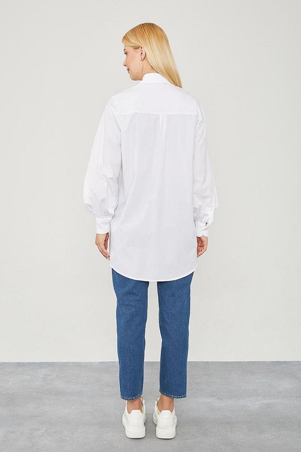 Ekru Oversize Balon Kol Poplin Gömlek - 6