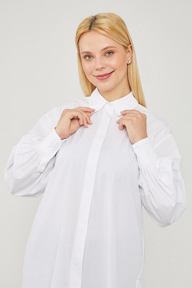Ekru Oversize Balon Kol Poplin Gömlek - 3