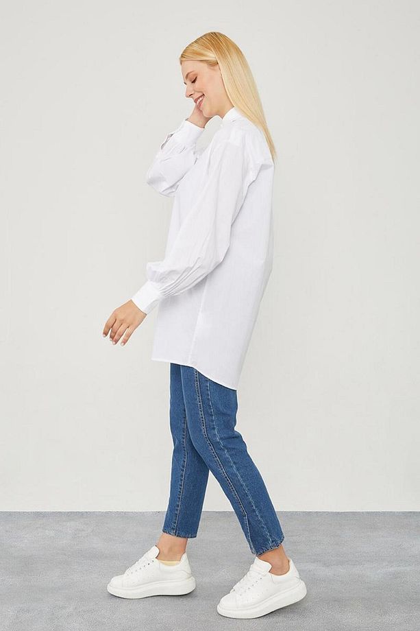 Ekru Oversize Balon Kol Poplin Gömlek - 5