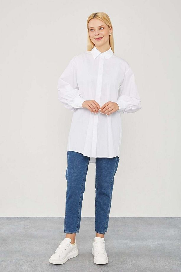 Ekru Oversize Balon Kol Poplin Gömlek - 1