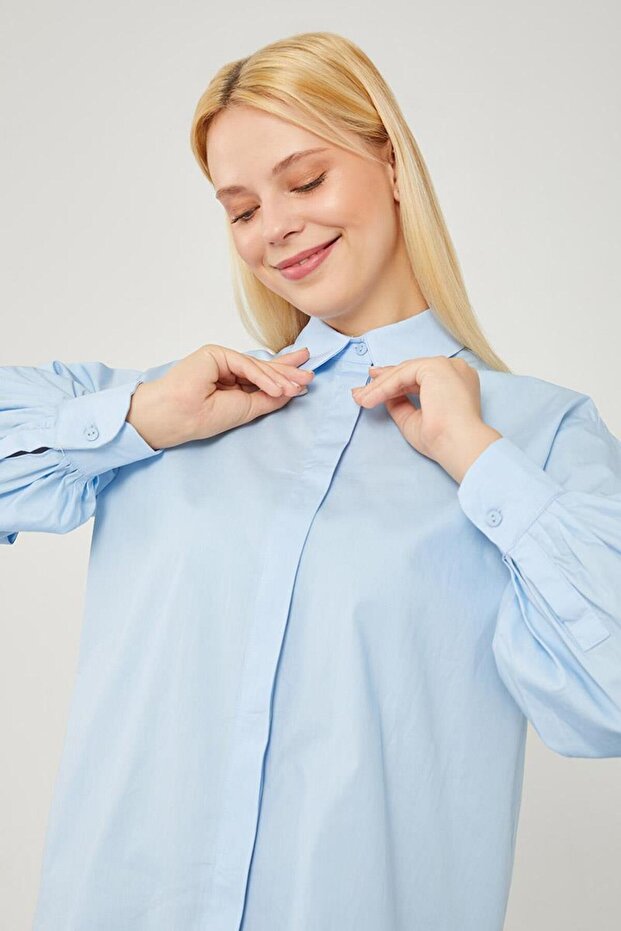 Mavi Oversize Balon Kol Poplin Gömlek - 2