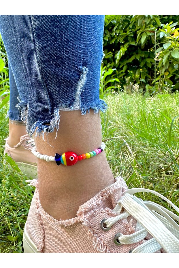 Colored Glass Fish White Anklet