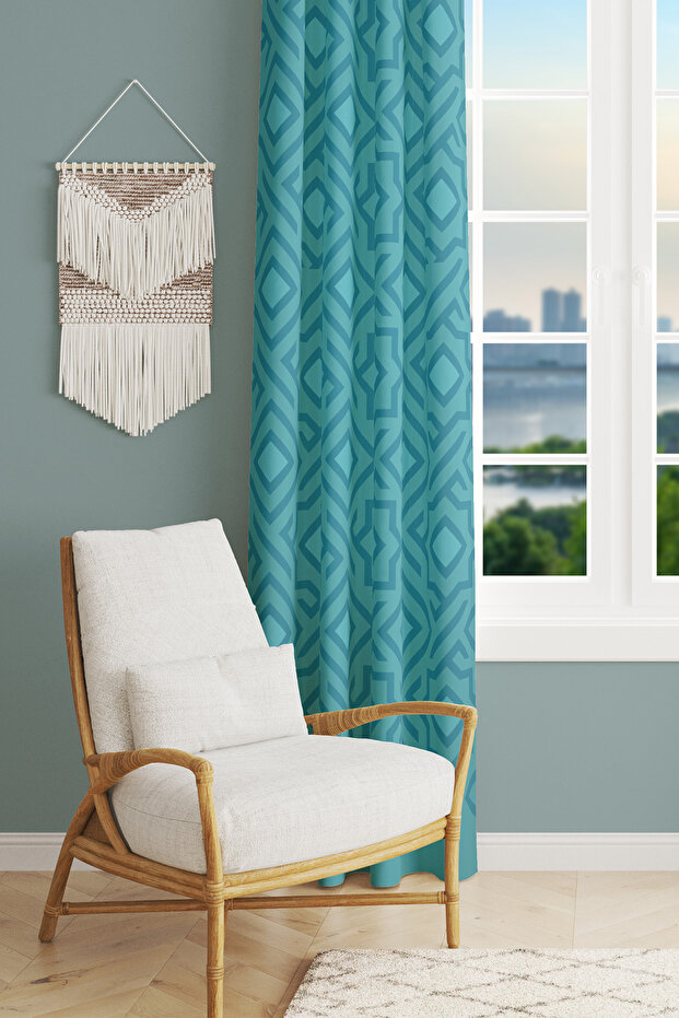 Turquoise Pentagonal Patterned Suede Living Room Hall Background Curtain Printed Extrafor Drawstring SINGLE WING PRD-1018 - 1