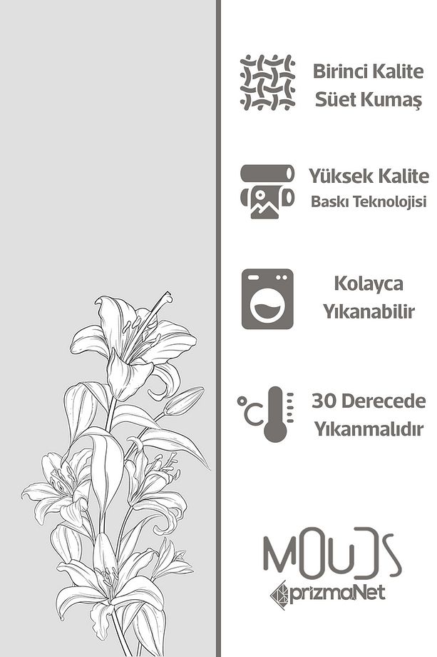 Beyaz Çiçekler Desenli Süet Oturma Odası Salon Fon Perde Baskılı Ekstrafor Büzgü TEK KANAT PRD-1052 - 5