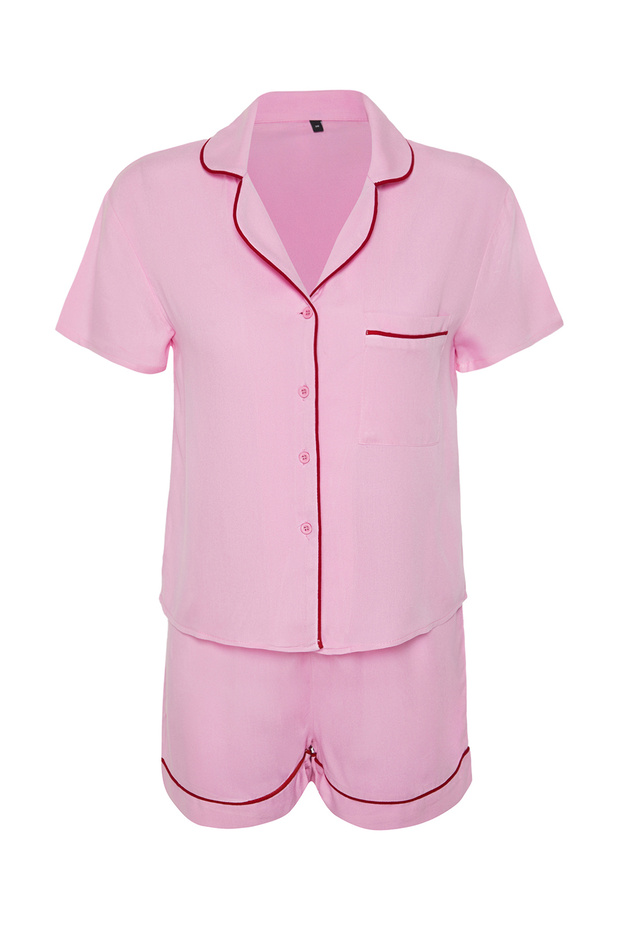 Pembe Biye Detaylı Viskon Şortlu Dokuma Pijama Takımı THMSS24PT00051 - 7