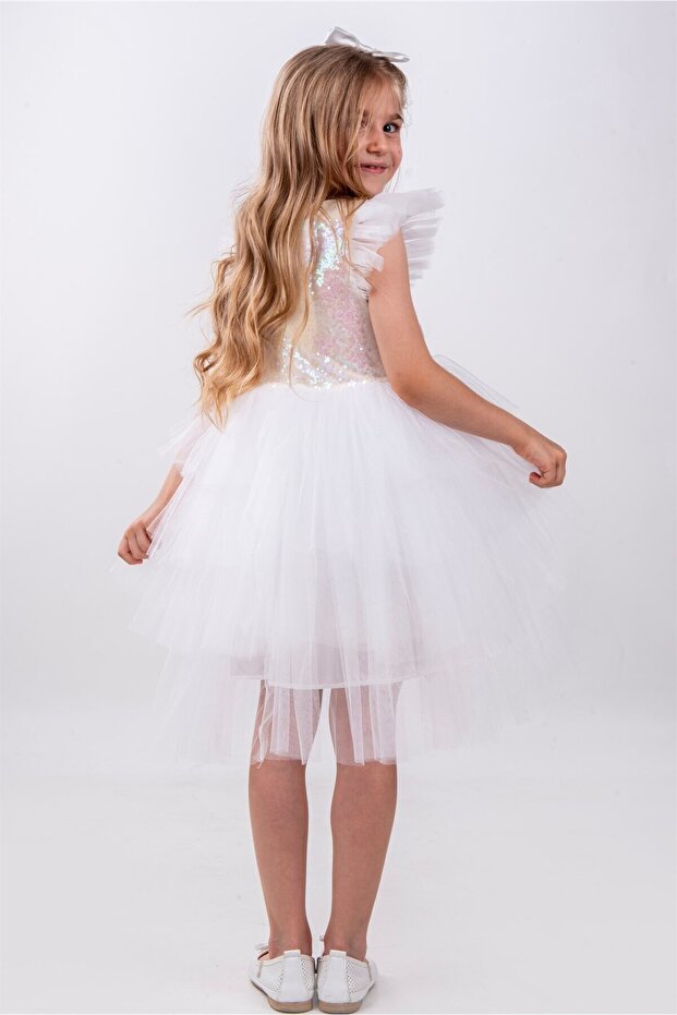 Beyaz Pullu Kız Çocuk Parti Elbisesi - 5