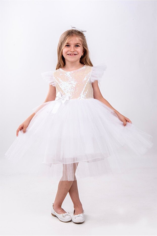 Beyaz Pullu Kız Çocuk Parti Elbisesi - 7