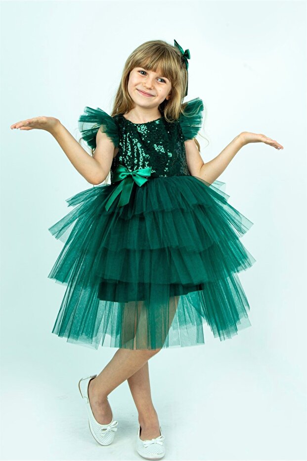 Yeşil Pullu Kız Çocuk Parti Elbisesi - 3