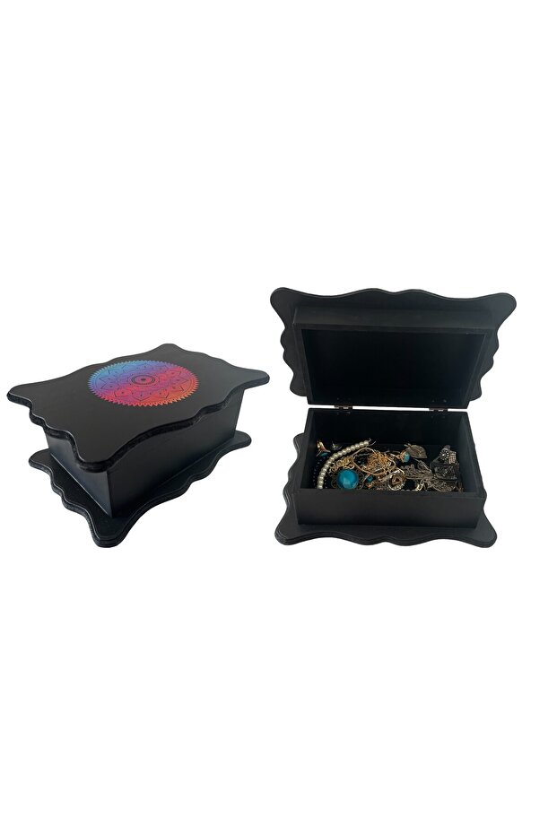 Wooden Black Patterned Jewelry Box / Wooden Organizer Box