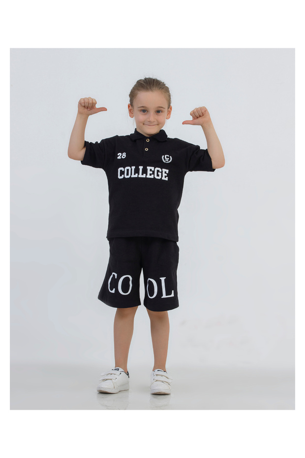 Boys' College Printed Short Sleeve Polo Collar Lekos Fabric Basic Set with Shorts 2-5 Years