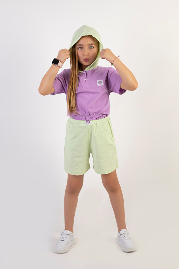 Girl's Hooded Top and Bottom Set with Shorts