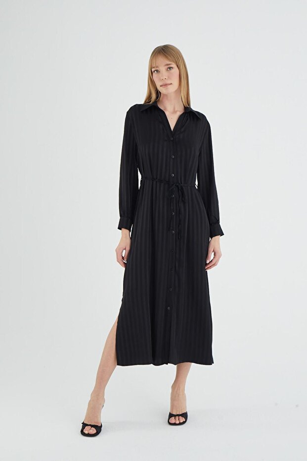 Women's Long Sleeve Front Button Black Dress C6T0N2O12