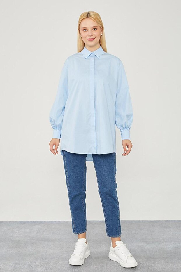 Mavi Oversize Balon Kol Poplin Gömlek - 1