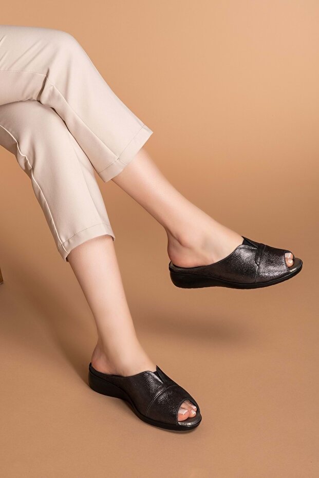 Women's Genuine Leather Dowry Slippers Özl.326 - Black - 39