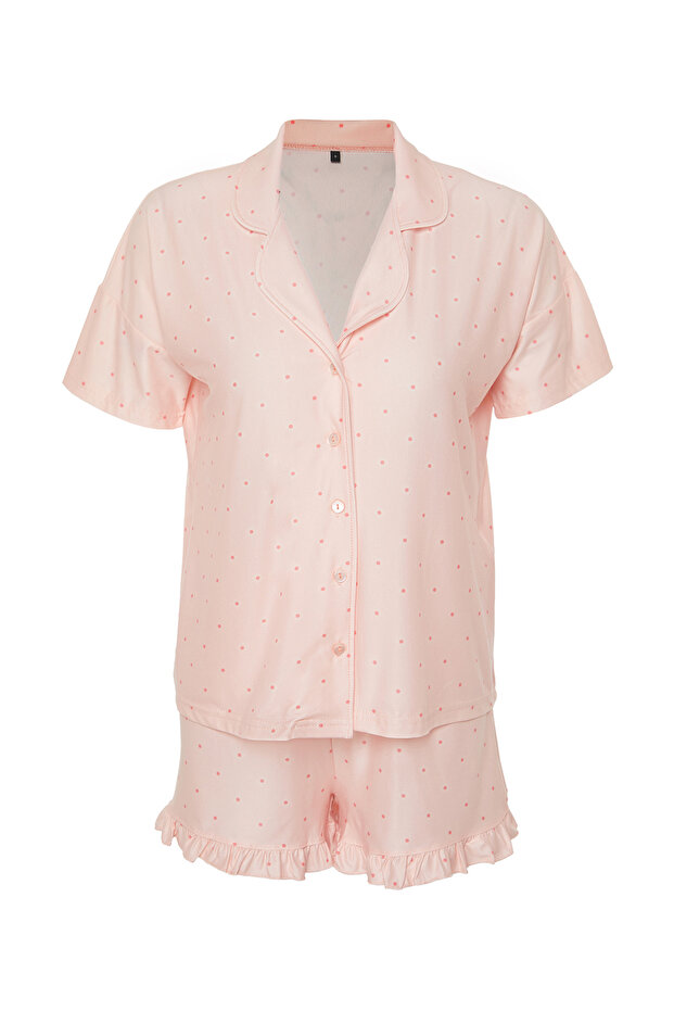 Somon Puantiyeli Fırfır Detaylı Şortlu Örme Pijama Takımı THMSS24PT00284 - 7
