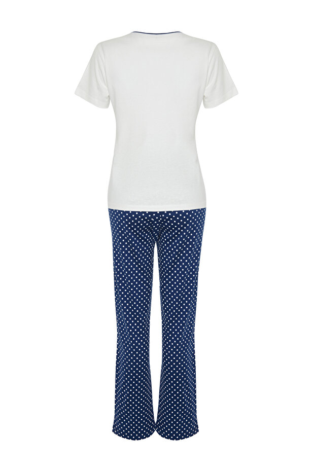 Beyaz-Çok Renkli Pamuklu Puantiyeli Örme Pijama Takımı THMSS24PT00323 - 8