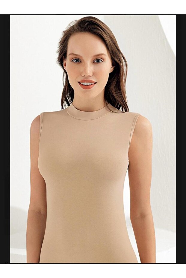 Şahinler Lycra Women's Beige Sleeveless Turtleneck Undershirt Mb1009