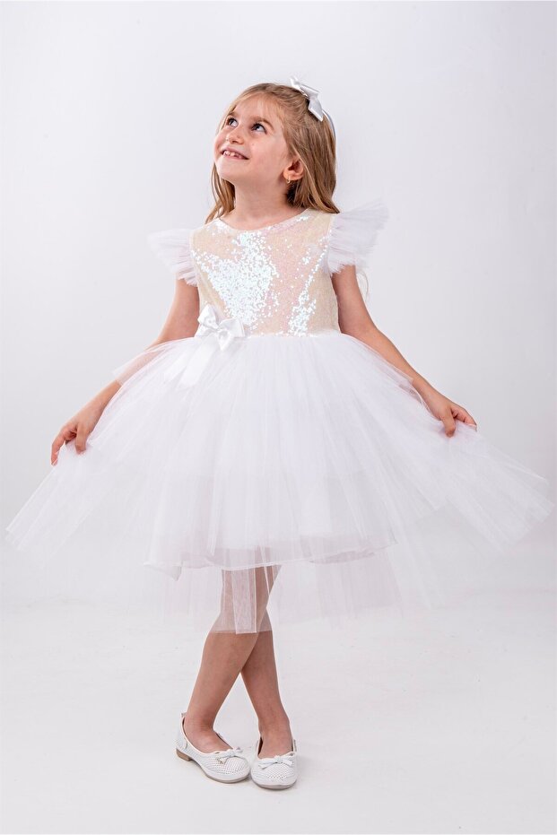 Beyaz Pullu Kız Çocuk Parti Elbisesi - 6