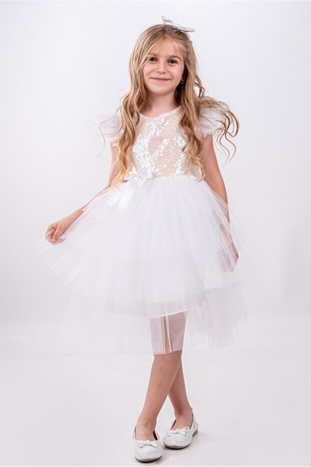 Beyaz Pullu Kız Çocuk Parti Elbisesi - 1