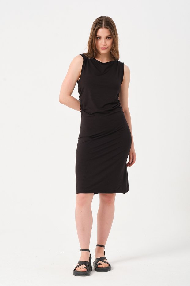 Women's Black Short Gather Detailed Sleeveless Dress