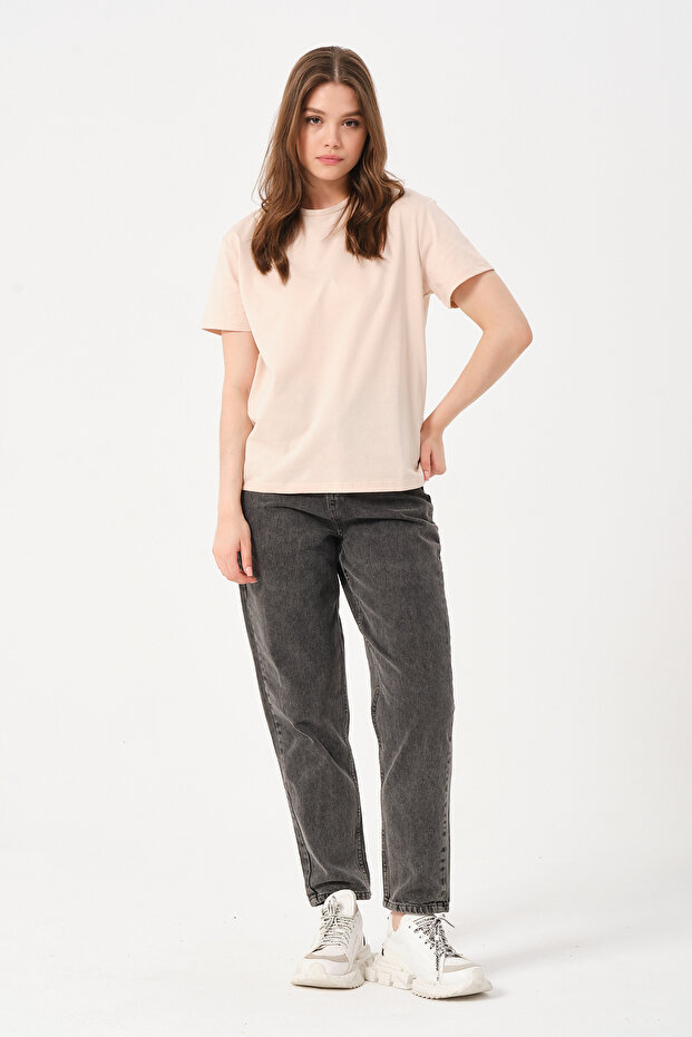 Women's Beige Crew Neck Basic T-shirt