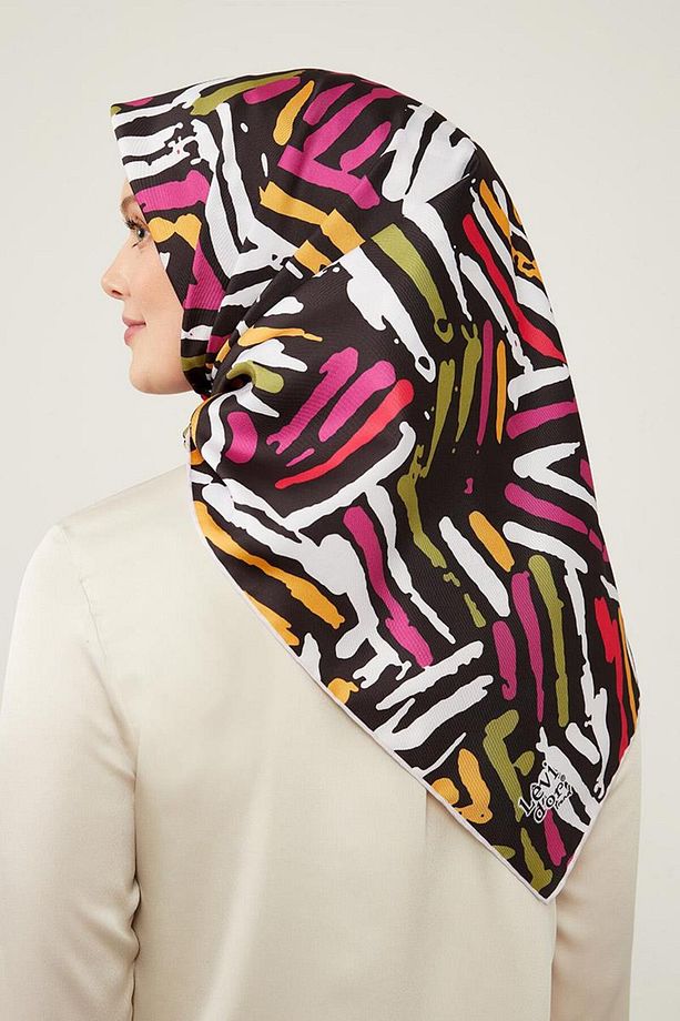 Siyah Fırça Desen Twill Eşarp - 3