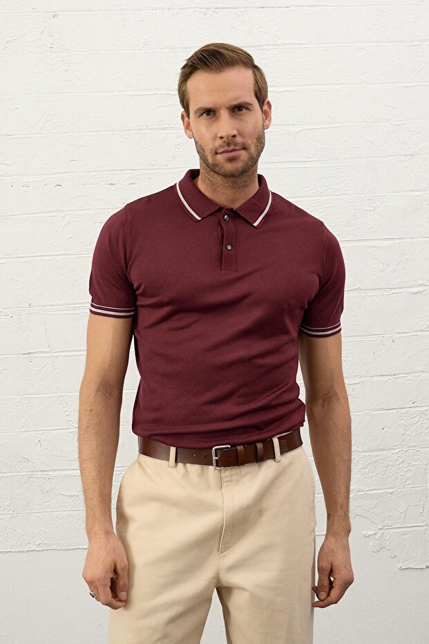 Men's Striped Slim-fit Molded Polo Collar Summer Knitwear T-shirt Claret Red