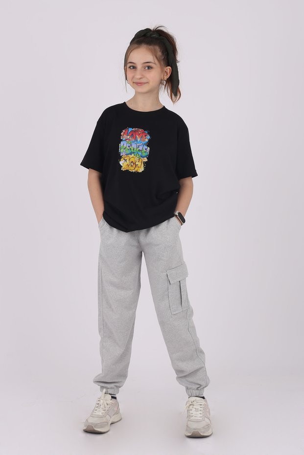 Yağtu Love peace printed girl's tracksuit set summer seasonal