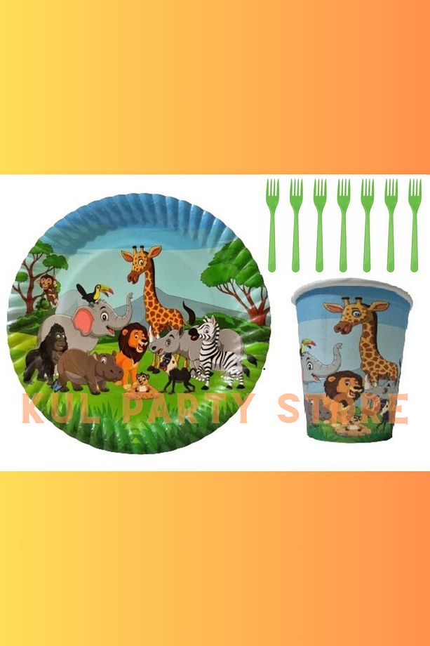 Safari Sevimli Hayvanlar 16 Kişilik Tabak Bardak Çatal Seti Doğum Günü Parti Malzemeleri Konsepti - 1