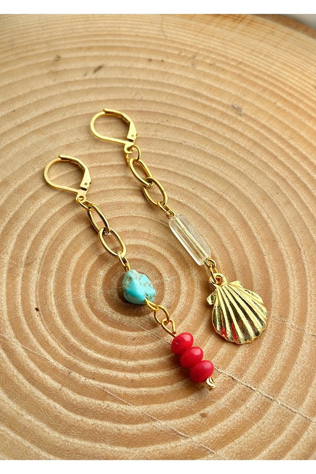 Olympos Lycia Earrings Natural Stone Turquoise and Red Coral Stone Earrings oyster Earrings