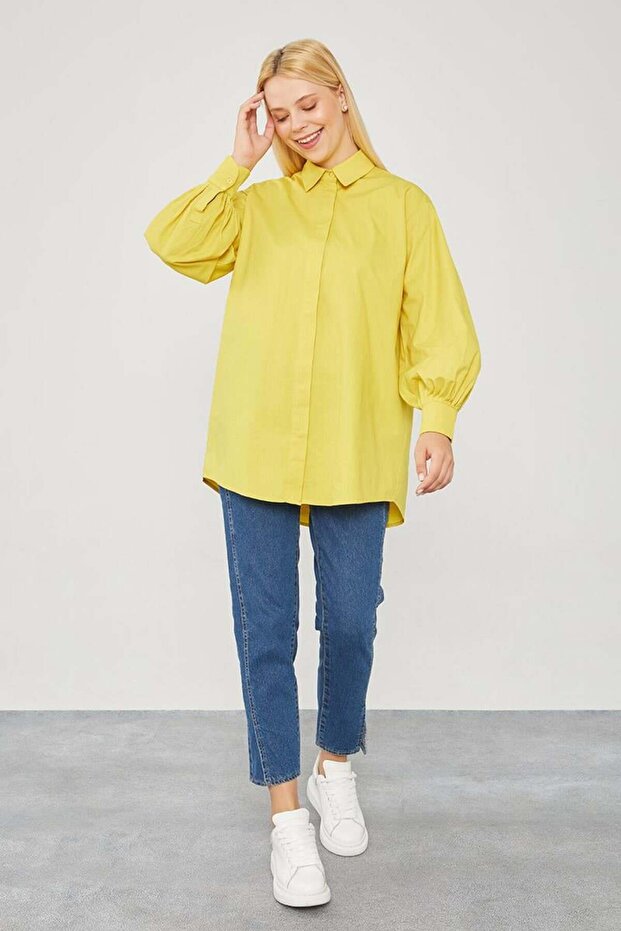 Oil Green Oversize Balloon Sleeve Poplin Shirt