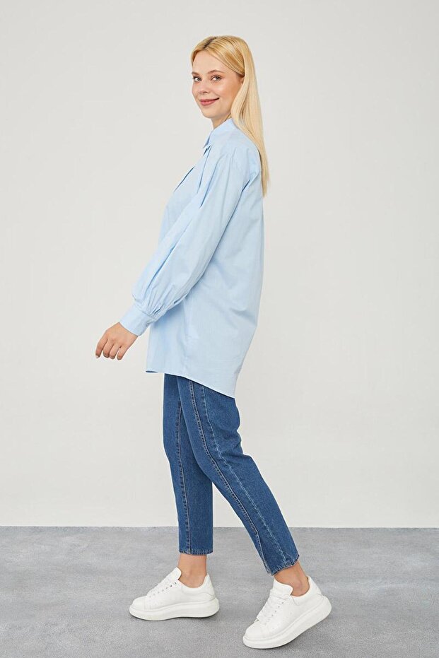 Mavi Oversize Balon Kol Poplin Gömlek - 4