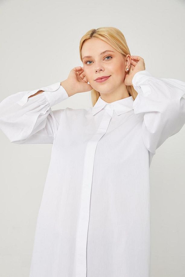 Ekru Oversize Balon Kol Poplin Gömlek - 4