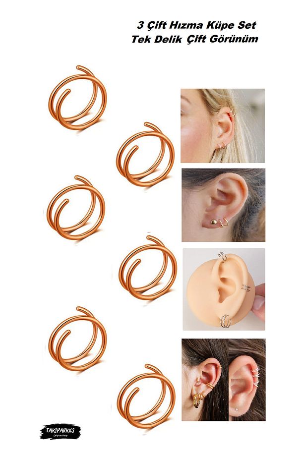 Paslanmaz Kararmaz Tek Delik Çift Görünüm Halka Hızma Küpe Piercing 3 Çift Set, 0,08mm Bar, 8mm Çap - 1