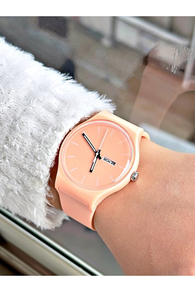 Silicone Strap Salmon Color Calendar Unisex Wristwatch