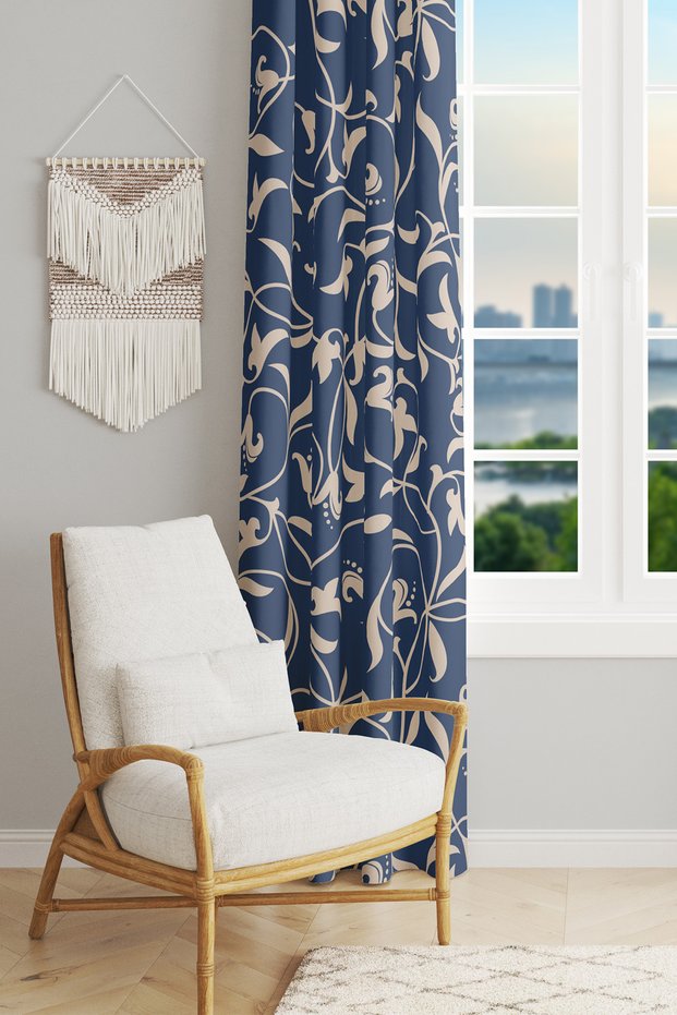 Navy Vintage 2 Patterned Suede Living Room Hall Background Curtain Printed Extrafor Drawstring SINGLE WING PRD-1065